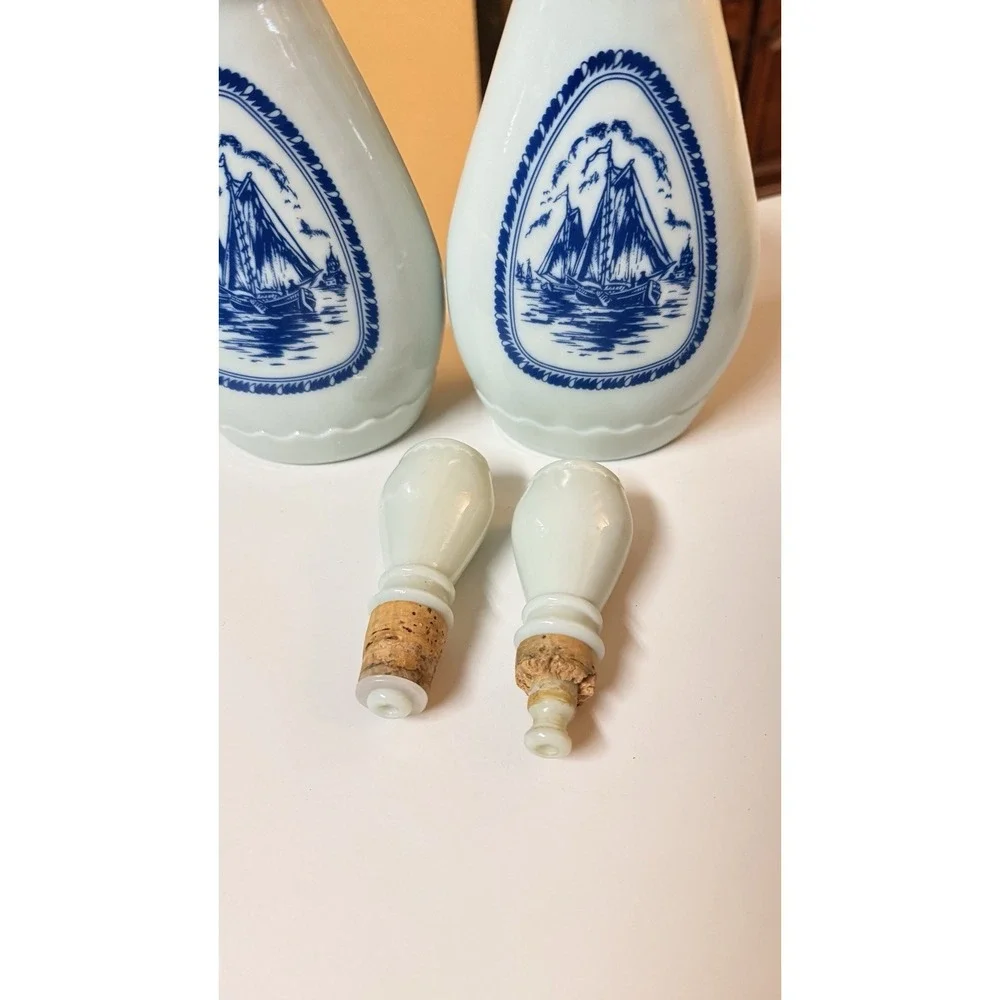1963 Jim Beam Milk Glass Decanter Set Delft Blue‎ Sailing Ship Bottle Pair Vtg